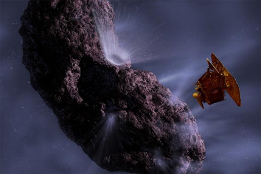 [Artist's concept of the Deep Impact Spacecraft at Comet Tempel 1. Image credit: Pat Rawlings/NASA/JPL/UMD. From http://www.nasa.gov/mission_pages/deepimpact/media/artist_concept-impactor.html]