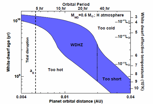 [The habitable zone near a white dwarf star is shown shaded in blue as a function of the white dwarf's age and distance from the star.  White dwarfs cool slowly with time so the habitable zone gets closer to the star as it ages.  A planet that lies in the region on the lower left will be too hot for life as we know it while one in the upper right is too cold.  Like Goldilocks, the region in blue is just right.  For example, a planet at 0.01 AU from the star will be habitable from about 2 billion years to more than 10 billion years - a total habitable period of more than 8 billion years.  That's far longer than the Earth is expected to be habitable! Image credit: Eric Agol, University of Washington. From http://www.centauri-dreams.org/?p=17182]