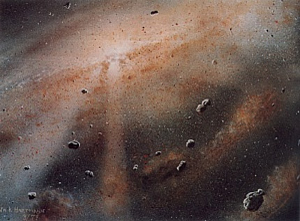 [Artist's conception of a solar system in the process of formation.  Asteroids and comets are left over remnants and fragments of larger objects from the formation of our solar system.  Image credit: William K. Hartmann, Planetary Science Institute, Tucson, Arizona. From http://solarsystem.nasa.gov/scitech/display.cfm?ST_ID=748]